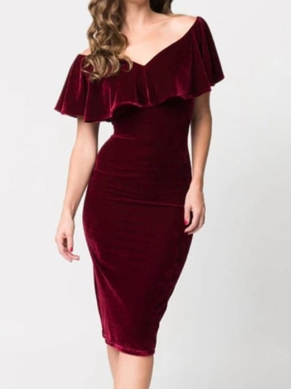 Unique Vintage One-Shoulder Velvet Ruffle Dress - Wine
